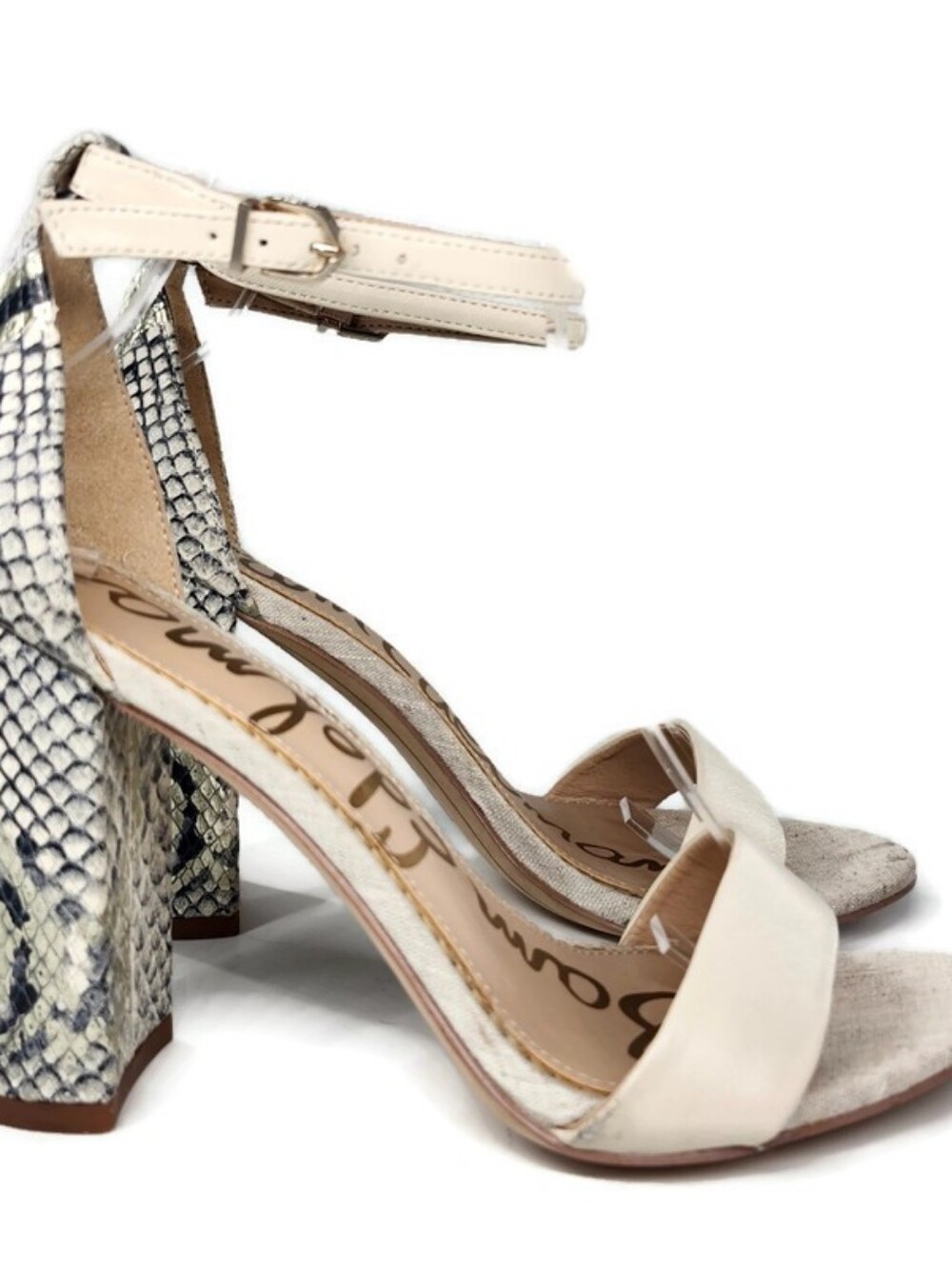 Sam Edelman Yaro Linen Black Grey Gold Shimmer Leather Snake High Heel Sandals - Picture 3 of 14